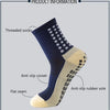 A close-up view of navy blue and beige performance sports grip socks showing features like threaded socks, anti-slip corset, 