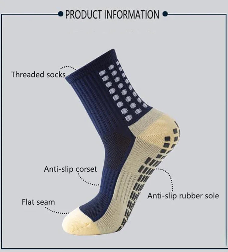 A close-up view of navy blue and beige performance sports grip socks showing features like threaded socks, anti-slip corset, 
