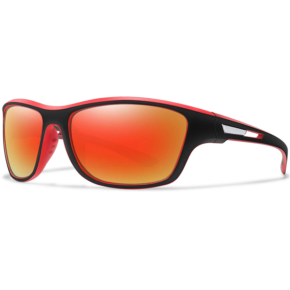A pair of red-framed sunglasses with orange lenses shown against a white background.
