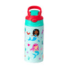 A light blue insulated stainless steel thermos cup with a cartoon pattern featuring sea creatures and a woman.