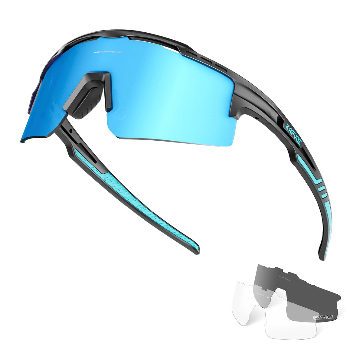 A pair of blue polarized sunglasses with black frames and a clear lens are shown, along with a disassembled view.