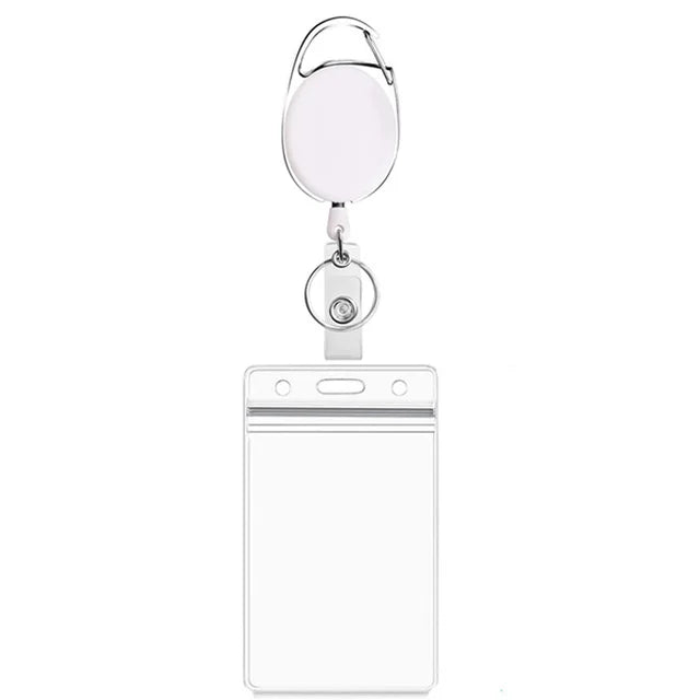 A silver retractable ID badge reel keychain with a circular badge holder and a clip.