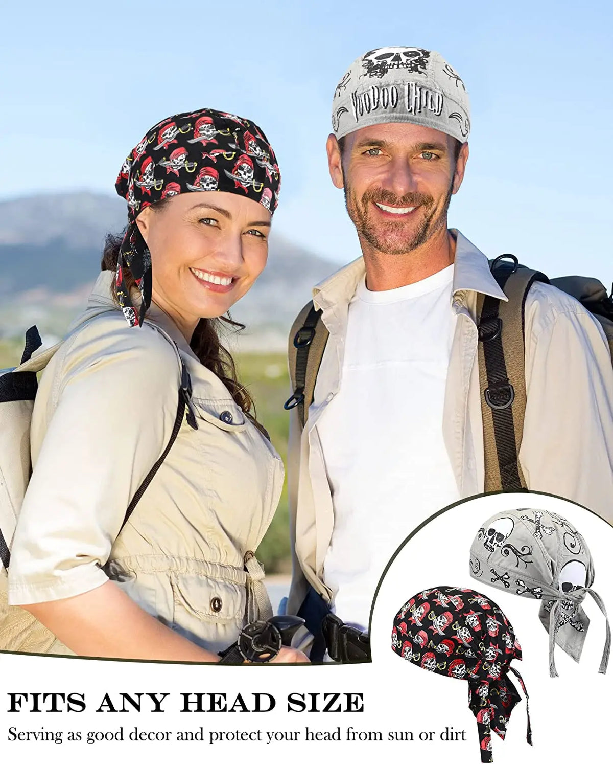 Una mujer y un hombre modelan una bandana de pirata con cráneo para ciclismo a la venta.