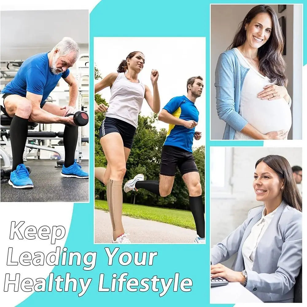 A collage showing people exercising and a professional smiling, promoting a healthy lifestyle with compression socks.