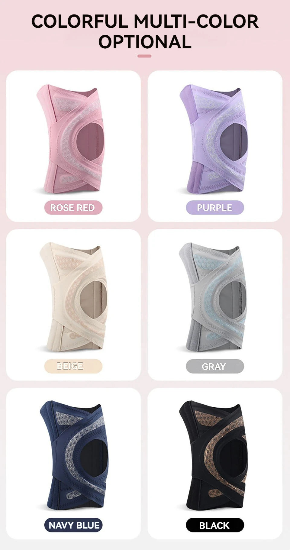 Auswahl an mehrfarbigen Kompressionsknienbraces in Rosérot, Lila, Beige, Grau, Marineblau und Schwarz.