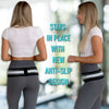 A woman demonstrates an anti-slip pelvic support hip belt for lower back and SI joint relief worn around the waist.