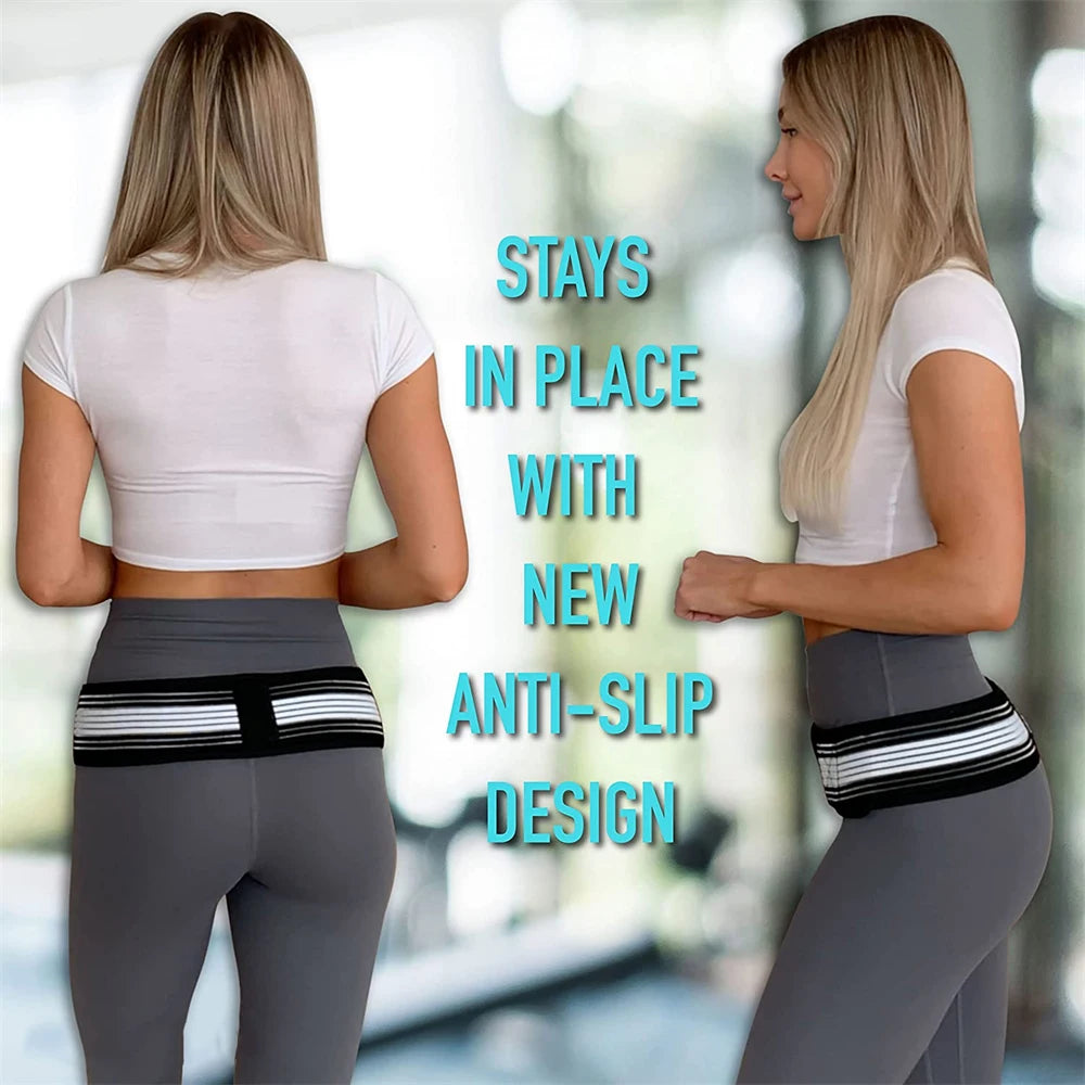 A woman demonstrates an anti-slip pelvic support hip belt for lower back and SI joint relief worn around the waist.