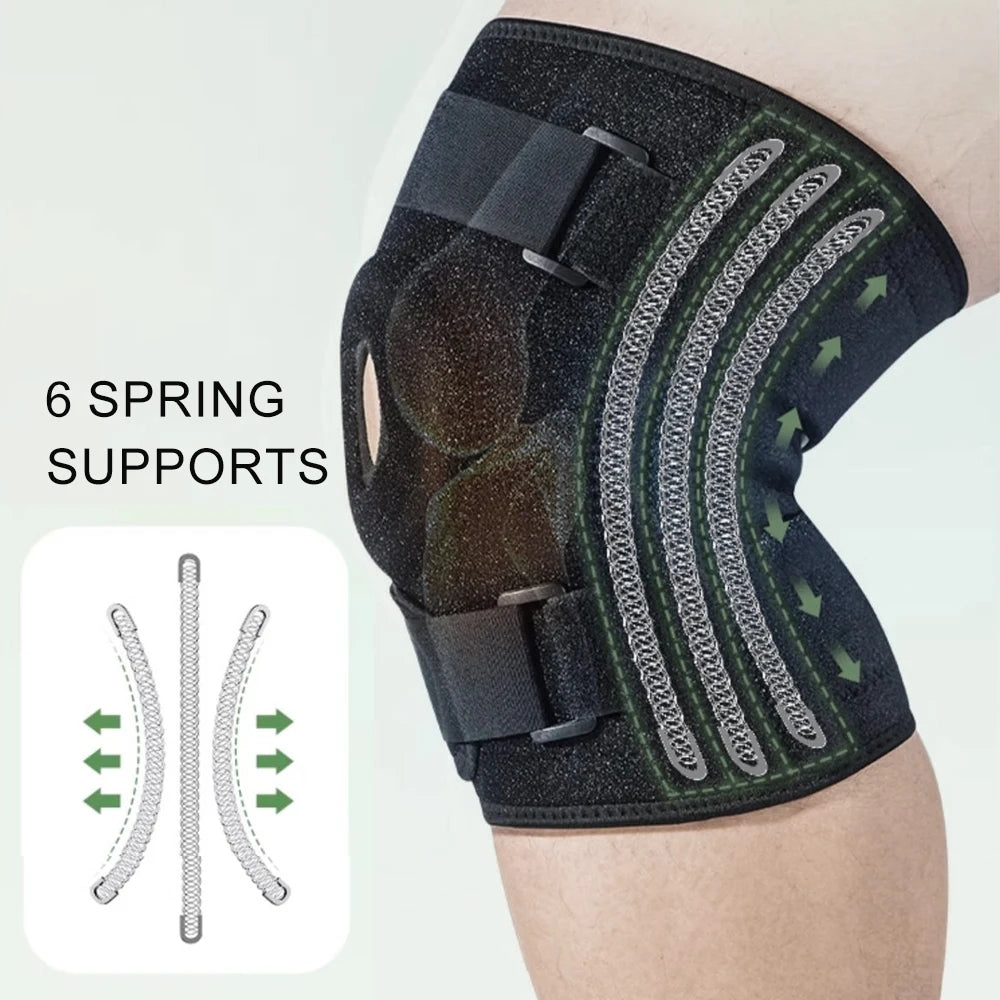 Black open-back knee brace with six spring supports for stability.
