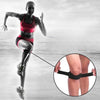 A woman demonstrates the use of an adjustable knee patellar tendon support strap on her leg.