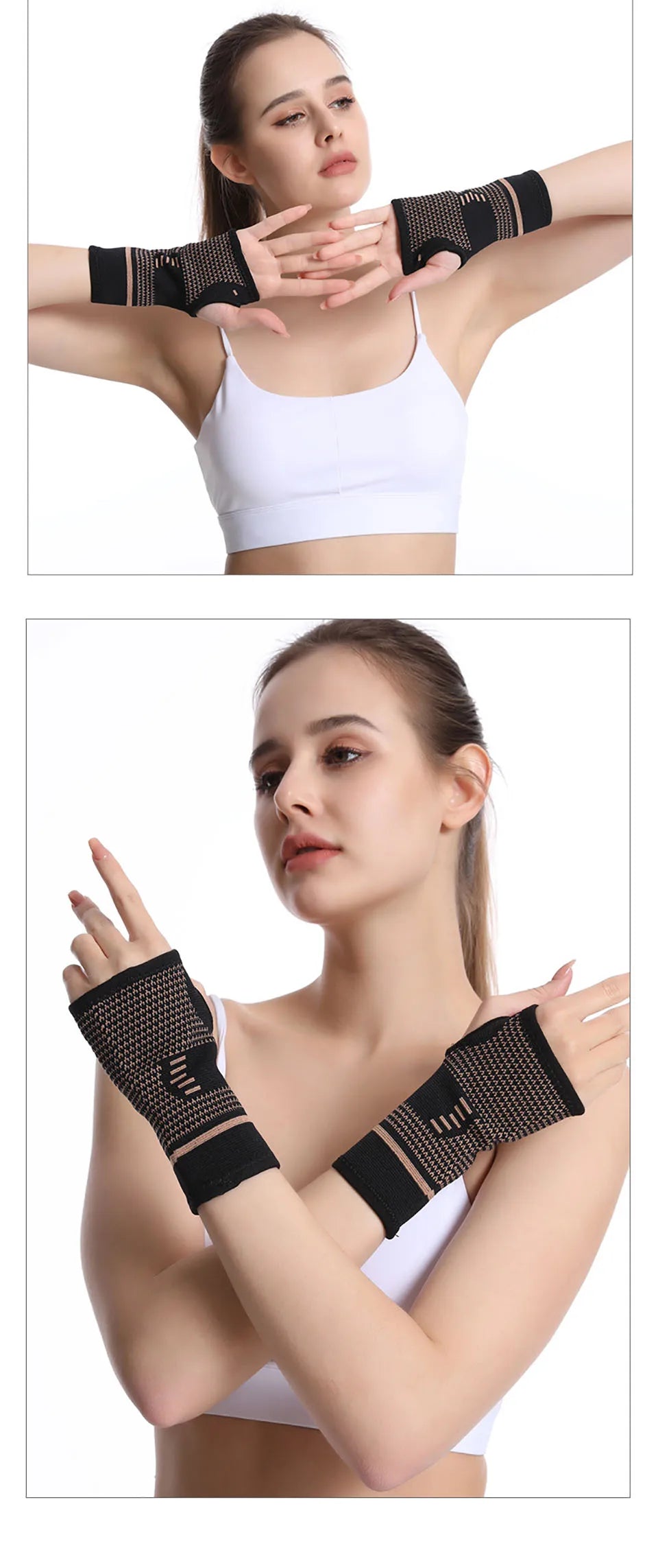 A woman wearing a white sports bra and black copper fiber wrist bracers for fitness.