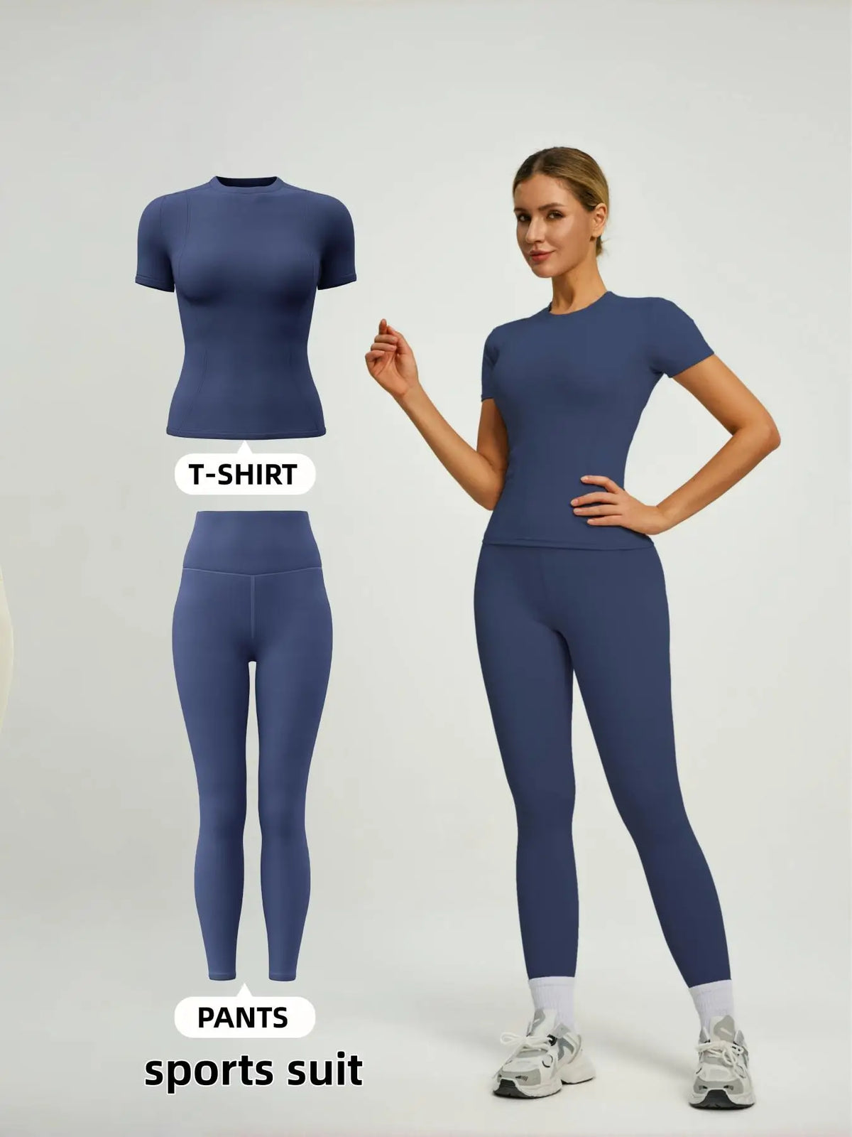 Model in navy blue sports suit, consisting of a t-shirt and matching pants.