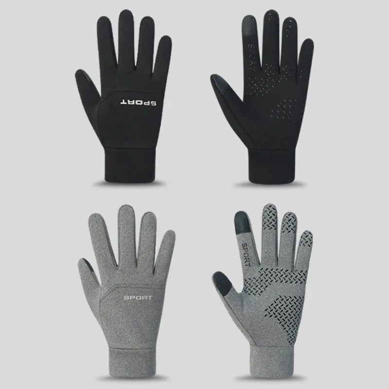 Four views of black and gray sports football gloves for outdoor activities