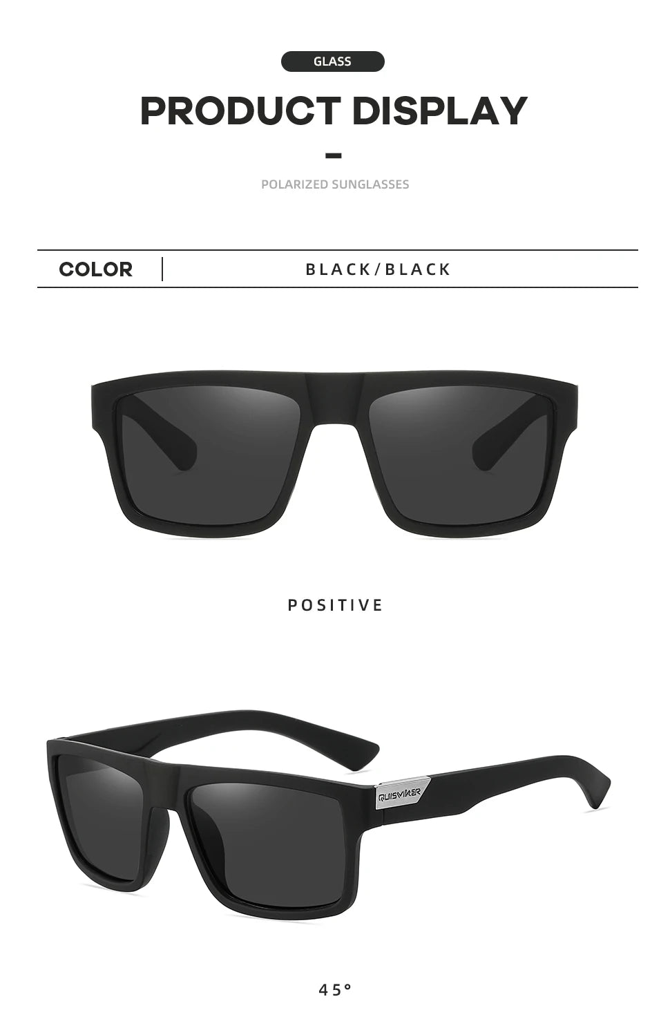 Un par de gafas de sol negras polarizadas mostradas en vista frontal y angular.