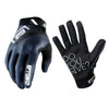 A pair of black durable riding gloves for motorcycle and off-road sports shown against a white background.