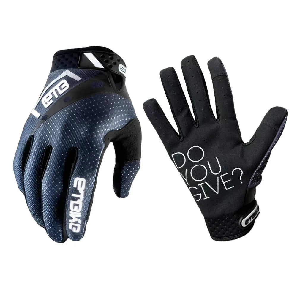 A pair of black durable riding gloves for motorcycle and off-road sports shown against a white background.