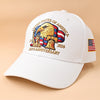 A white adjustable cotton baseball cap featuring a graphic of an American bald eagle and text celebrating the United States o
