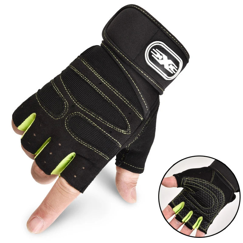 Black performance weightlifting grip gloves shown on a hand, featuring green accents and an X logo.