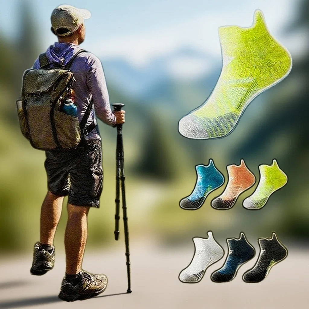 A person wearing running socks is shown walking outdoors with a backpack and a walking stick, displaying various colors of br