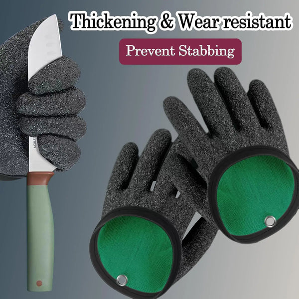 A pair of thick, gray, wear-resistant gloves is shown next to a knife, designed to prevent stabbing.