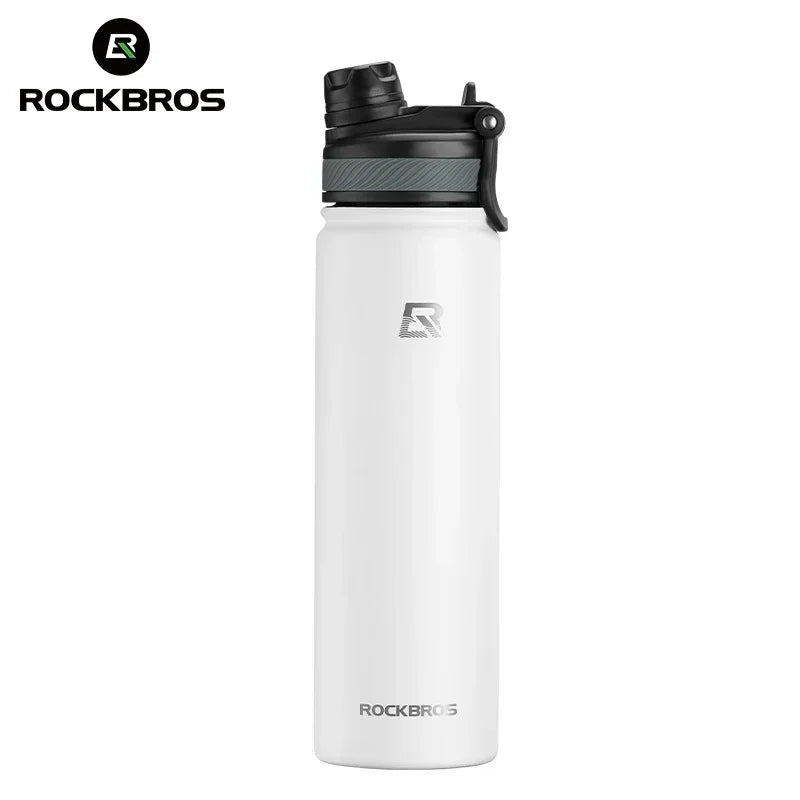 A white insulated stainless steel thermal water bottle with a black cap and dark gray sleeve.