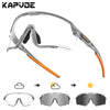 A pair of photochromic cycling sunglasses shown in various states, including clear, gray, and dark lenses.