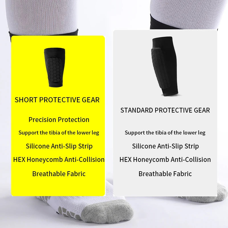 A set of black honeycomb shin guards and protective gear for football training displayed on a white background.