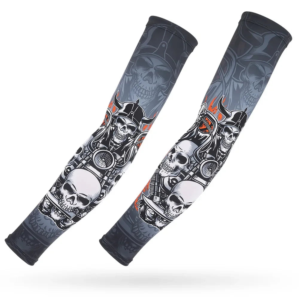 A pair of dark gray ice silk arm sleeves featuring a skull and crossbones design for sun and heat protection.