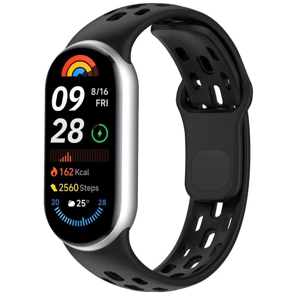 A black fitness tracker watch band with a digital display showing 09:28, 8/16, and 2560 steps.