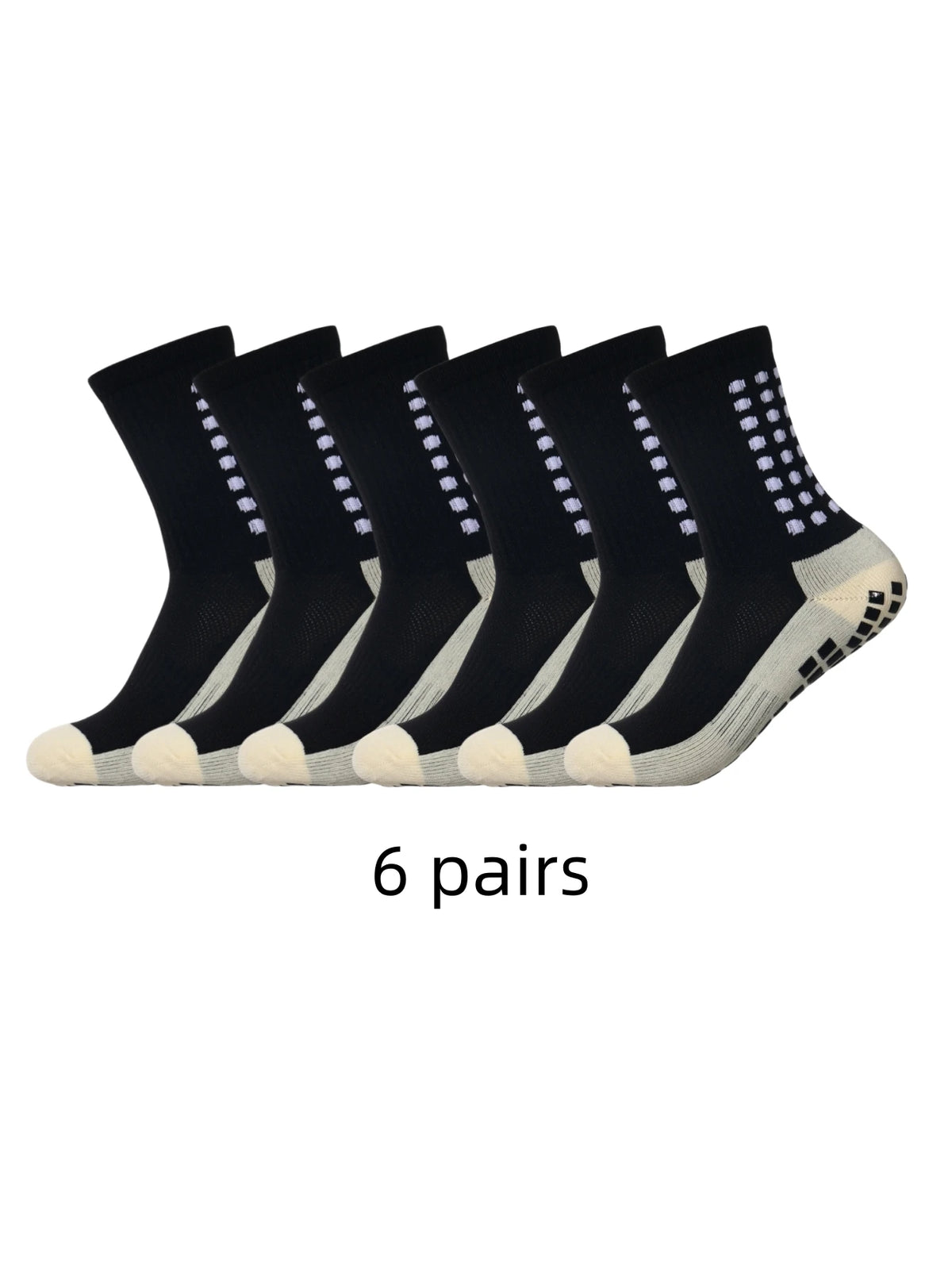 Sechs Paar schwarze Sportsocken mit weißem Zierrand und Absatzgriffen für Anti-Rutsch