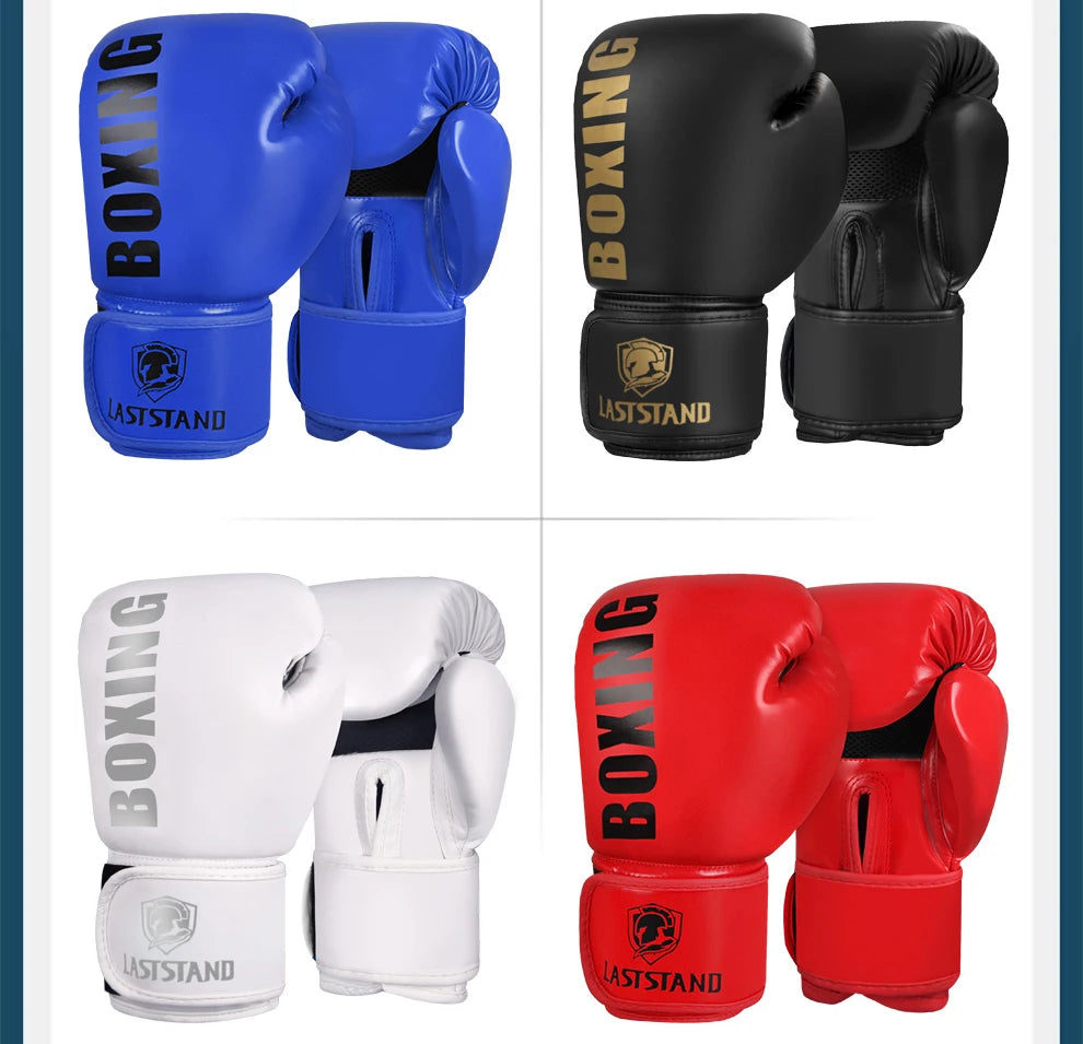 Collection de gants de boxe Muay Thai en cuir PU bleu, noir, blanc et rouge, montrés sous divers angles.