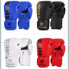 A set of four PU leather boxing gloves in blue, black, white, and red for martial arts training.