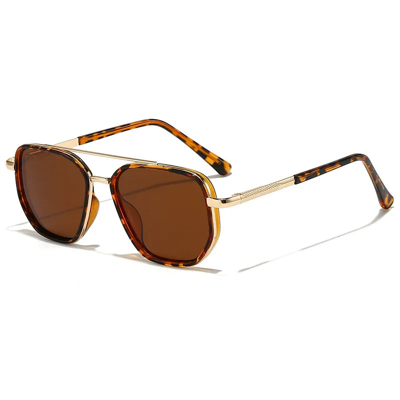 Brown tortoiseshell sunglasses with gold-toned frames and dark lenses