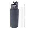 A dark gray stainless steel vacuum flask water bottle with a hinged straw lid and a separate metal straw.