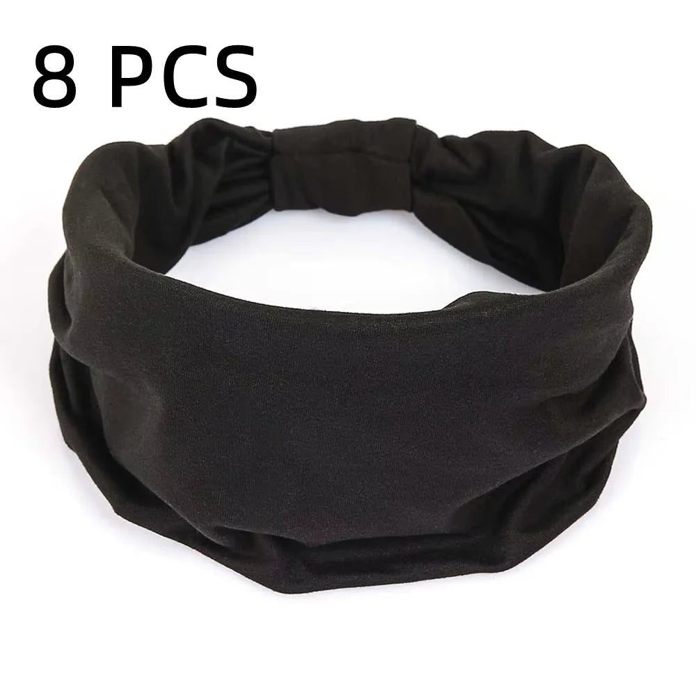Eight black non-slip elastic headbands for fitness and hair