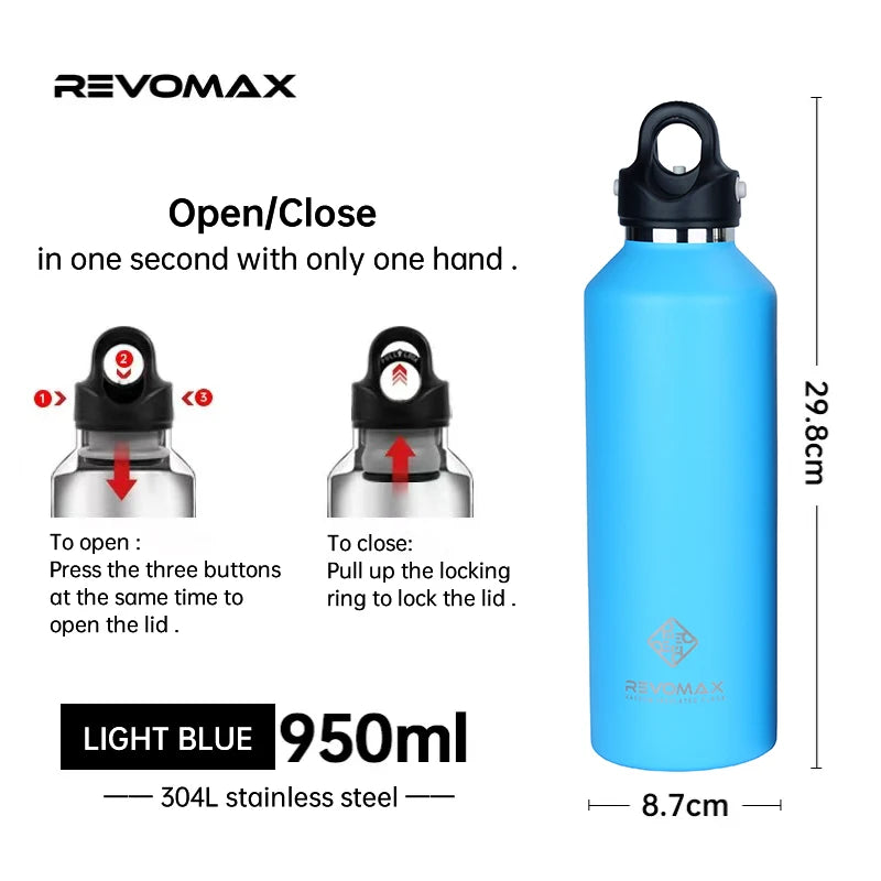 Light blue Revelomax thermos bottle with black lid and stainless steel body