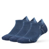 A pair of navy blue breathable performance running socks lying flat.