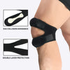 Black knee support sleeve with EVA collision avoidance and double layer protection shown on a leg.