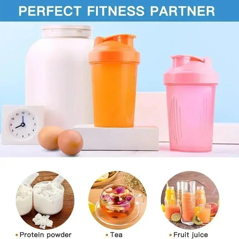 A set of clear and colored leakproof shaker bottles, including a white bottle, an orange bottle, and a pink bottle, next to s