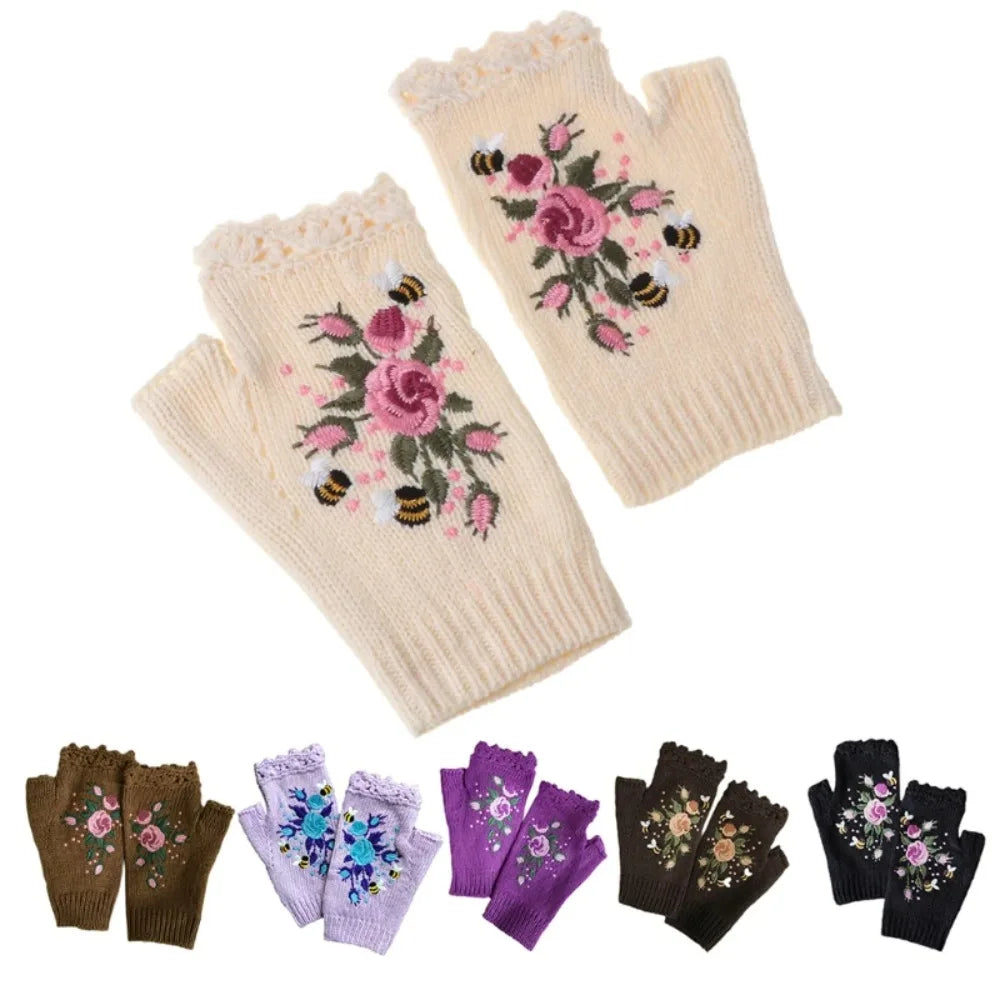 Embroidered Floral Bee Fingerless Gloves