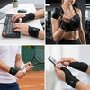 Collage de manos usando pulseras ergonómicas para teclear, levantar pesas y tenis.