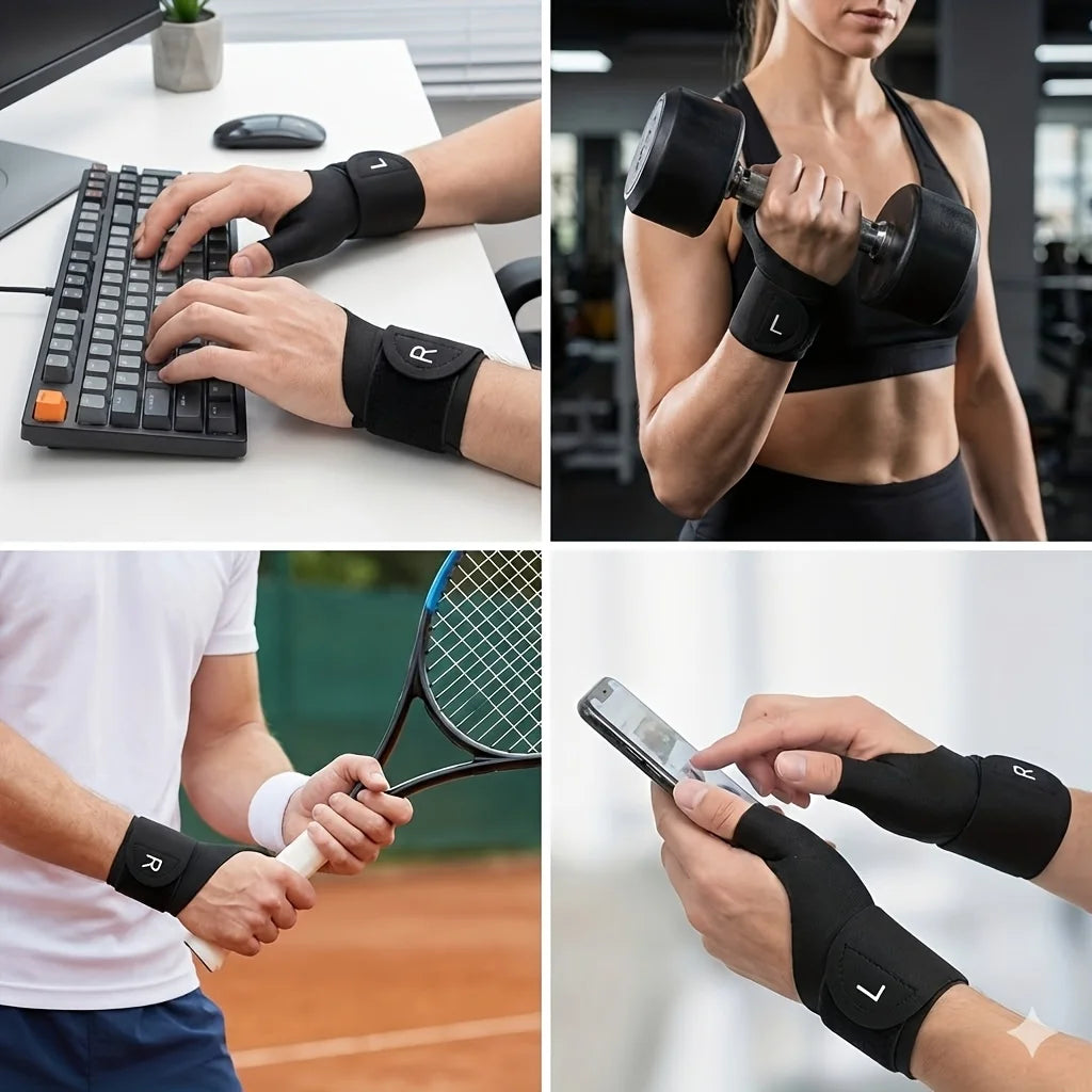 Collage de manos usando pulseras ergonómicas para teclear, levantar pesas y tenis.