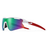 A pair of white and red sports sunglasses with green and purple mirrored lenses.