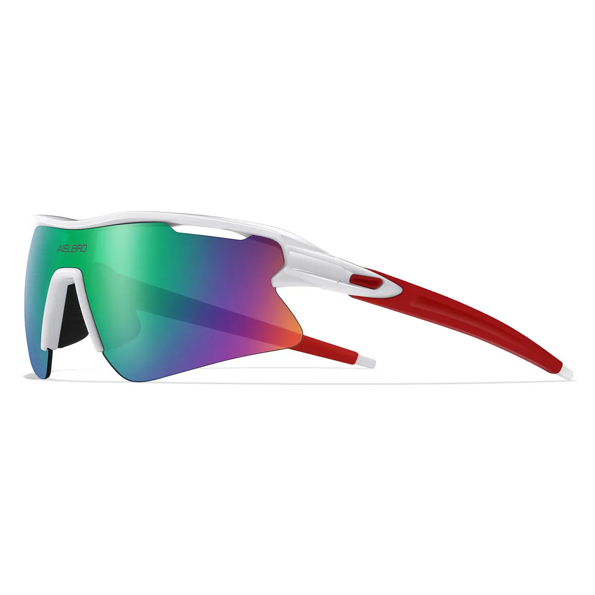 A pair of white and red sports sunglasses with green and purple mirrored lenses.