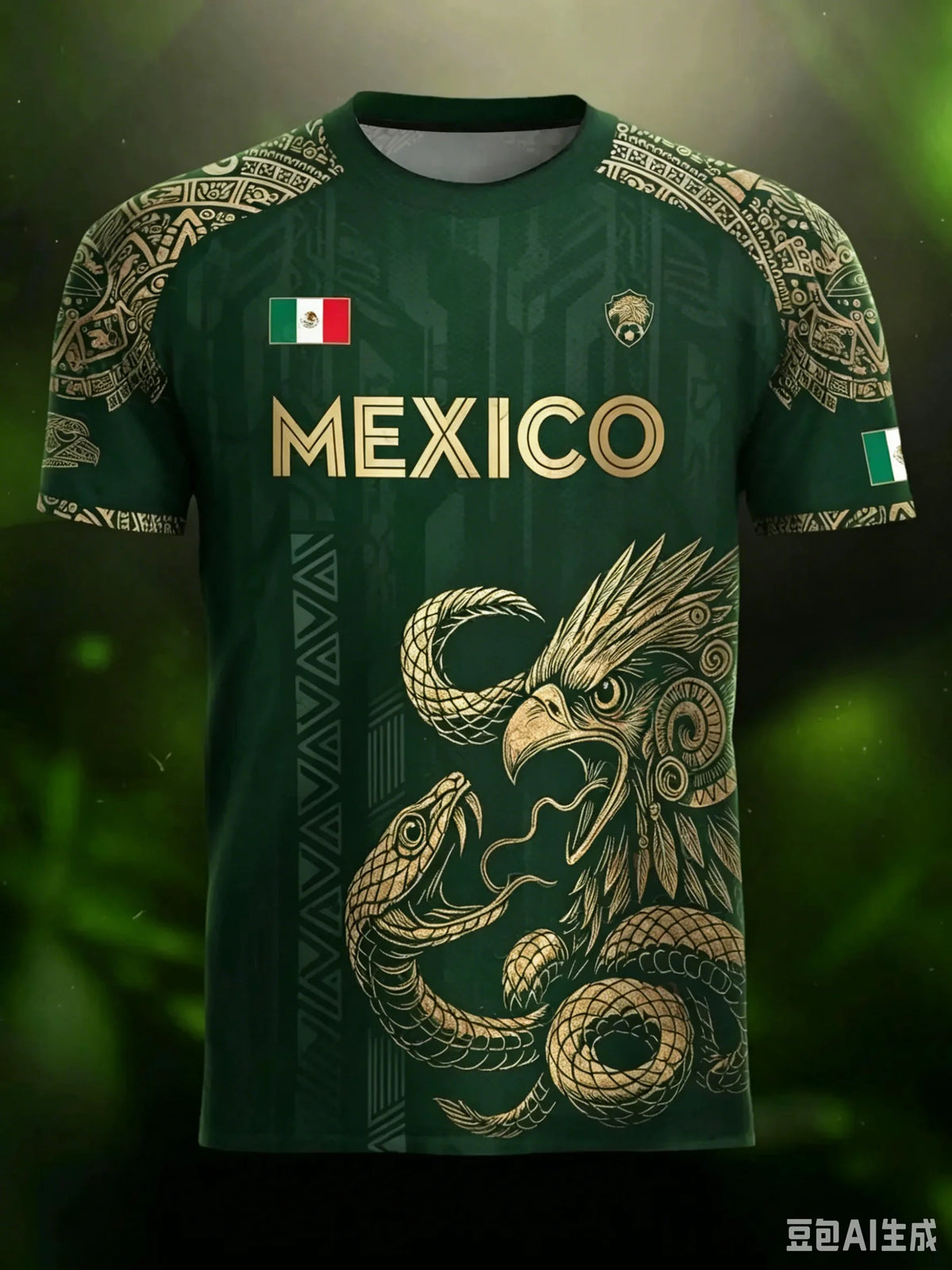 A dark green soccer jersey featuring an Aztec calendar style design and a large eagle head graphic.