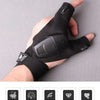 A hand wearing black glowing finger light gloves, demonstrating the product's design and fit.