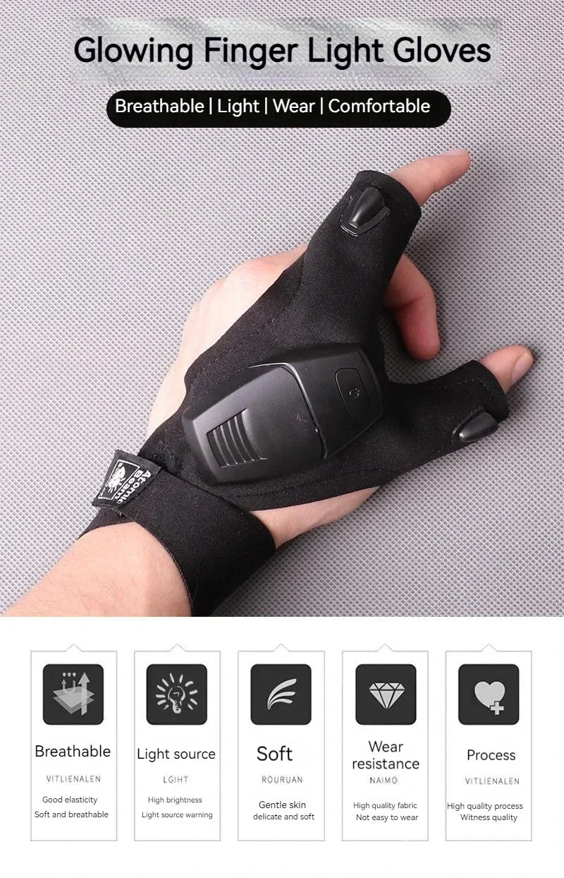 A hand wearing black glowing finger light gloves, demonstrating the product's design and fit.
