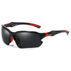 Black polarized sunglasses with red accents shown against a white background.