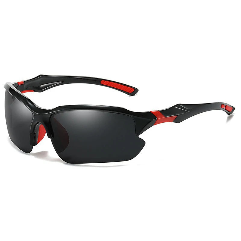 Black polarized sunglasses with red accents shown against a white background.