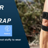 A black patellar tendon knee strap is shown on a person's leg, highlighting dual support, stability, comfort, and relief.