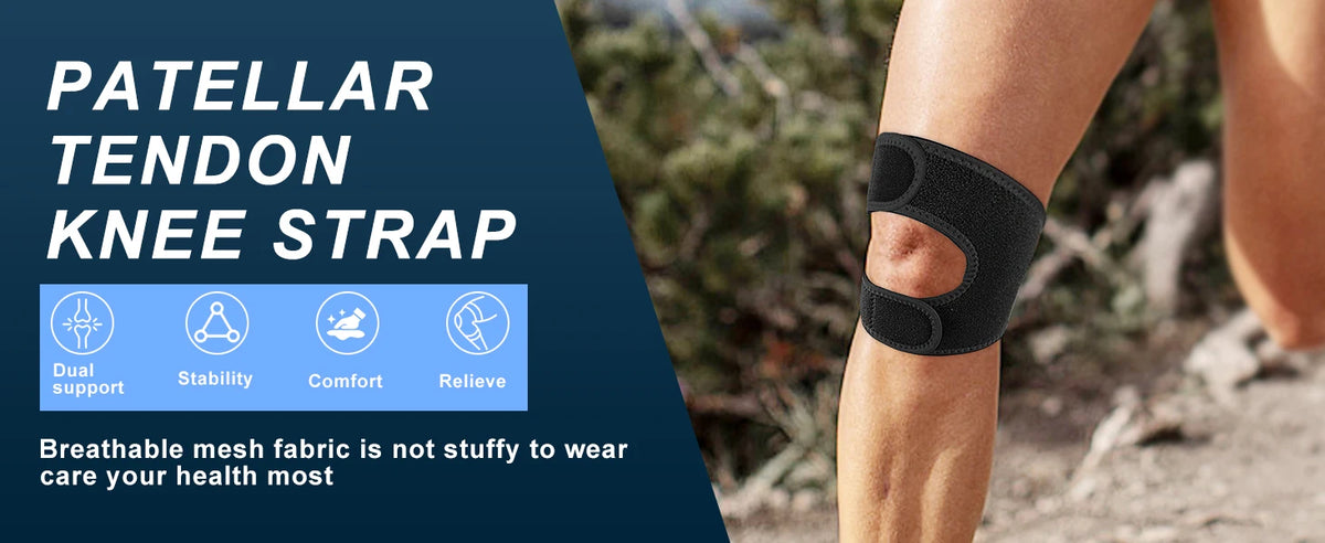 A black patellar tendon knee strap is shown on a person's leg, highlighting dual support, stability, comfort, and relief.